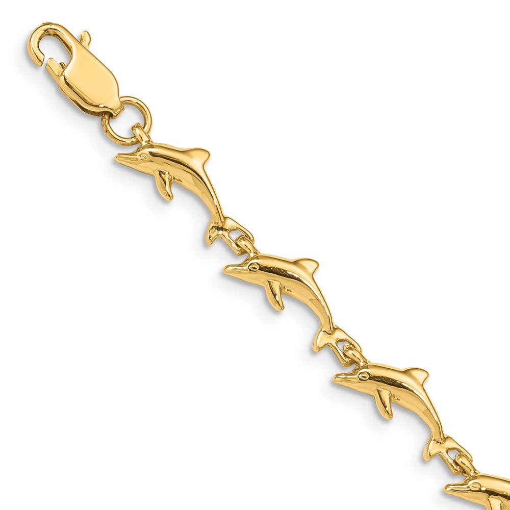 14k Yellow Gold Dolphin Nautical Sea Life Charm Link Bracelet, 7 inch Length